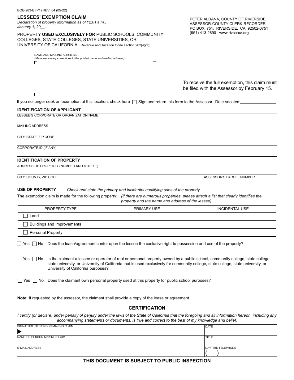 Form BOE-263-B Lessees Exemption Claim - County of Riverside, California, Page 1