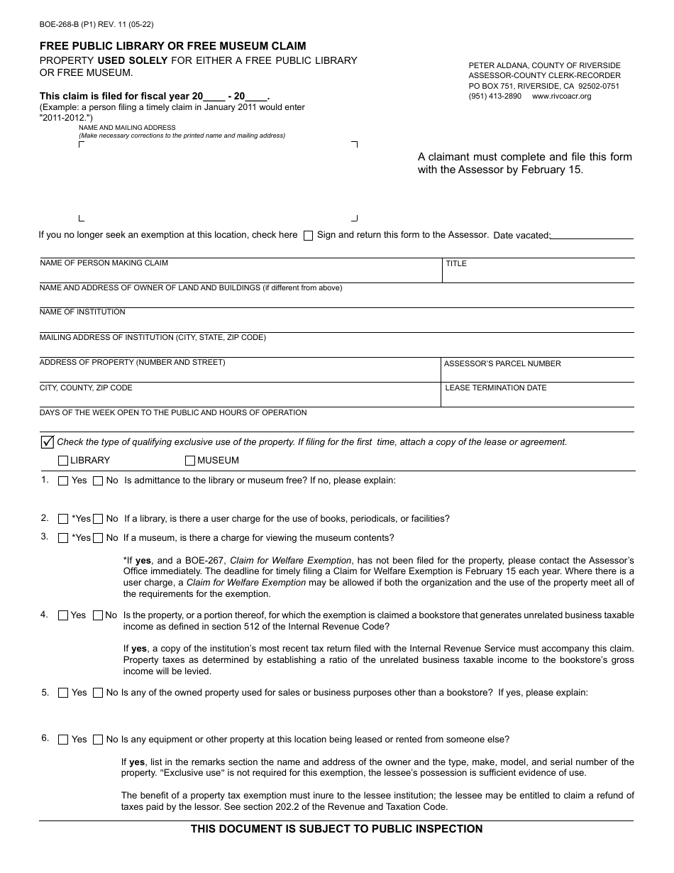 Form BOE-268-B Free Public Library or Free Museum Claim - County of Riverside, California, Page 1