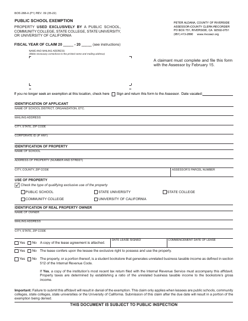 Form BOE-268-A Public School Exemption - County of Riverside, California