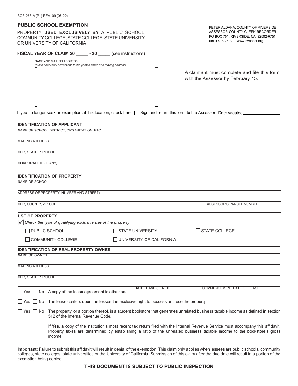 Form BOE-268-A Public School Exemption - County of Riverside, California, Page 1