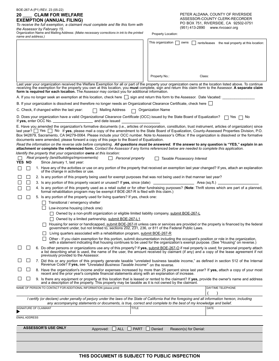 Form BOE-267-A Claim for Welfare Exemption (Annual Filing) - County of Riverside, California, Page 1