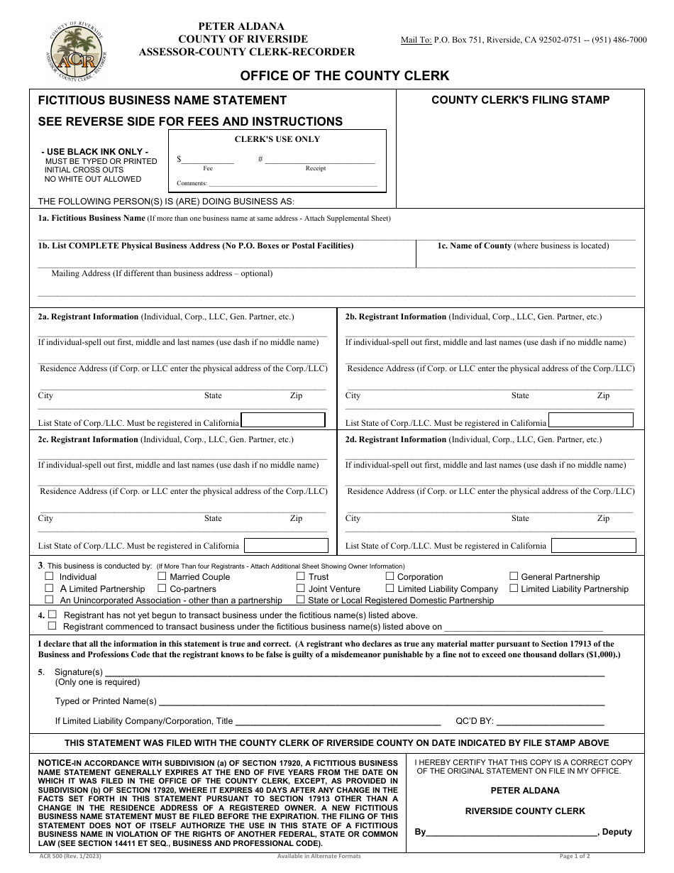 Form ACR500 Fictitious Business Name Statement - County of Riverside, California, Page 1