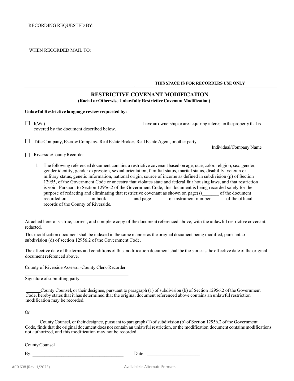 Form ACR608 Restrictive Covenant Modification - County of Riverside, California, Page 1