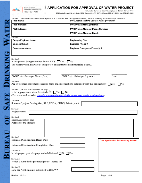 Application for Approval of Water Project - Nevada Download Pdf