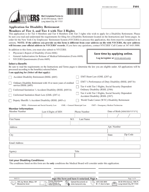 Form F604 Application for Disability Retirement Members of Tier 4, and Tier 4 With Tier 3 Rights - New York City