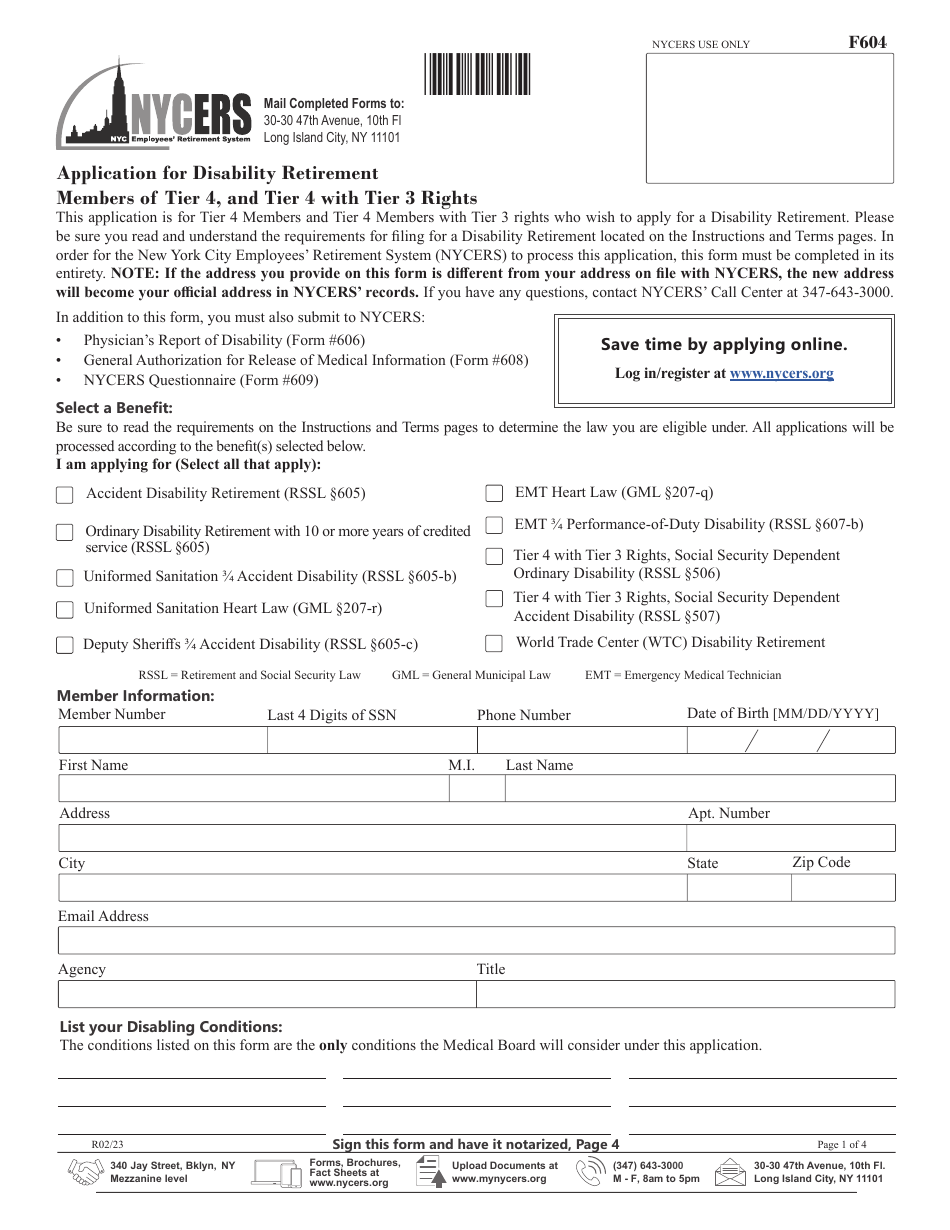 Form F604 Application for Disability Retirement Members of Tier 4, and Tier 4 With Tier 3 Rights - New York City, Page 1