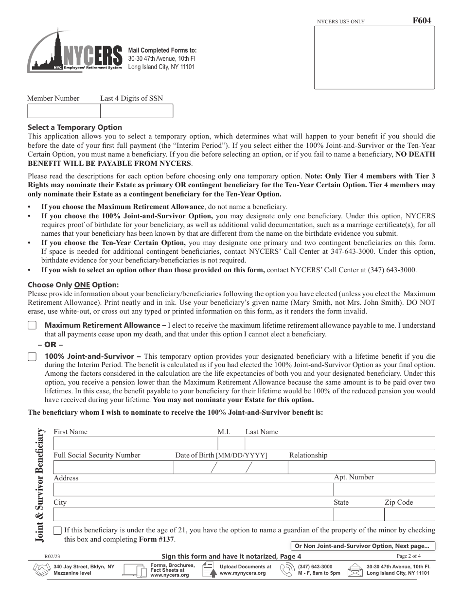 Form F604 Application for Disability Retirement Members of Tier 4, and Tier 4 With Tier 3 Rights - New York City, Page 2