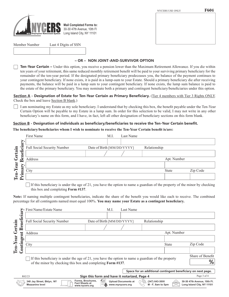 Form F604 Application for Disability Retirement Members of Tier 4, and Tier 4 With Tier 3 Rights - New York City, Page 3