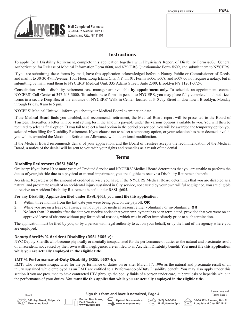 Form F624 Application for Disability Retirement - Tier 6 63 / 5 and Special Plan Members - New York City, Page 5
