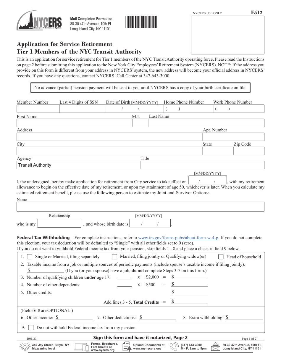 Form F512 Application for Service Retirement - Tier 1 Members of the Nyc Transit Authority - New York City, Page 1
