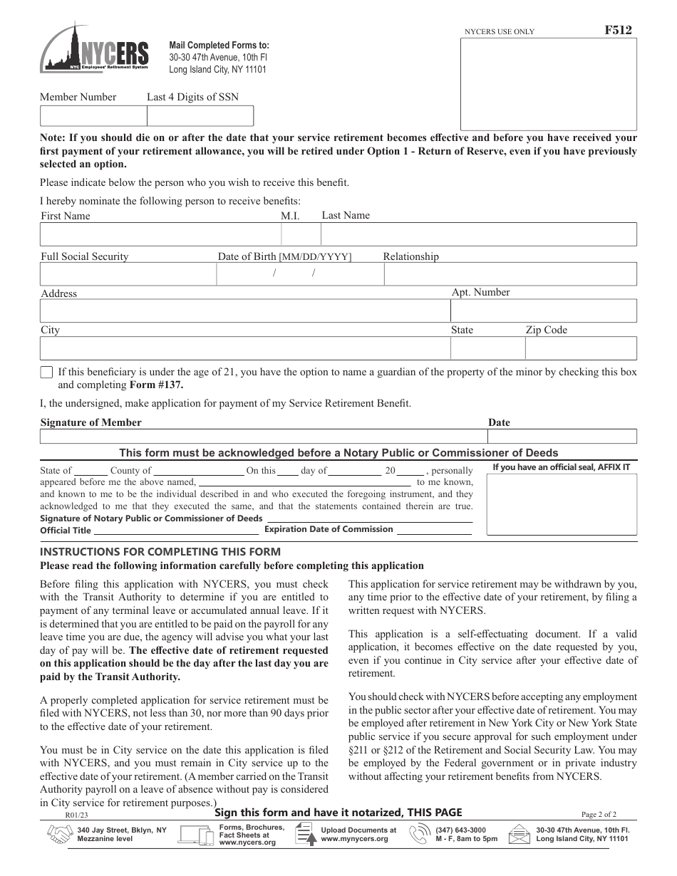 Form F512 Application for Service Retirement - Tier 1 Members of the Nyc Transit Authority - New York City, Page 2