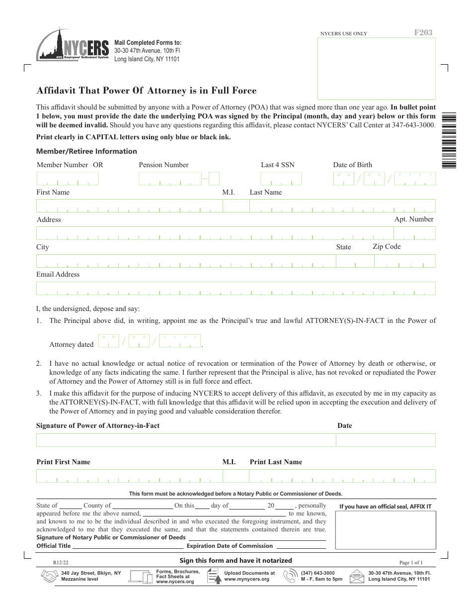 Form F203 Affidavit That Power of Attorney Is in Full Force - New York City, Page 1