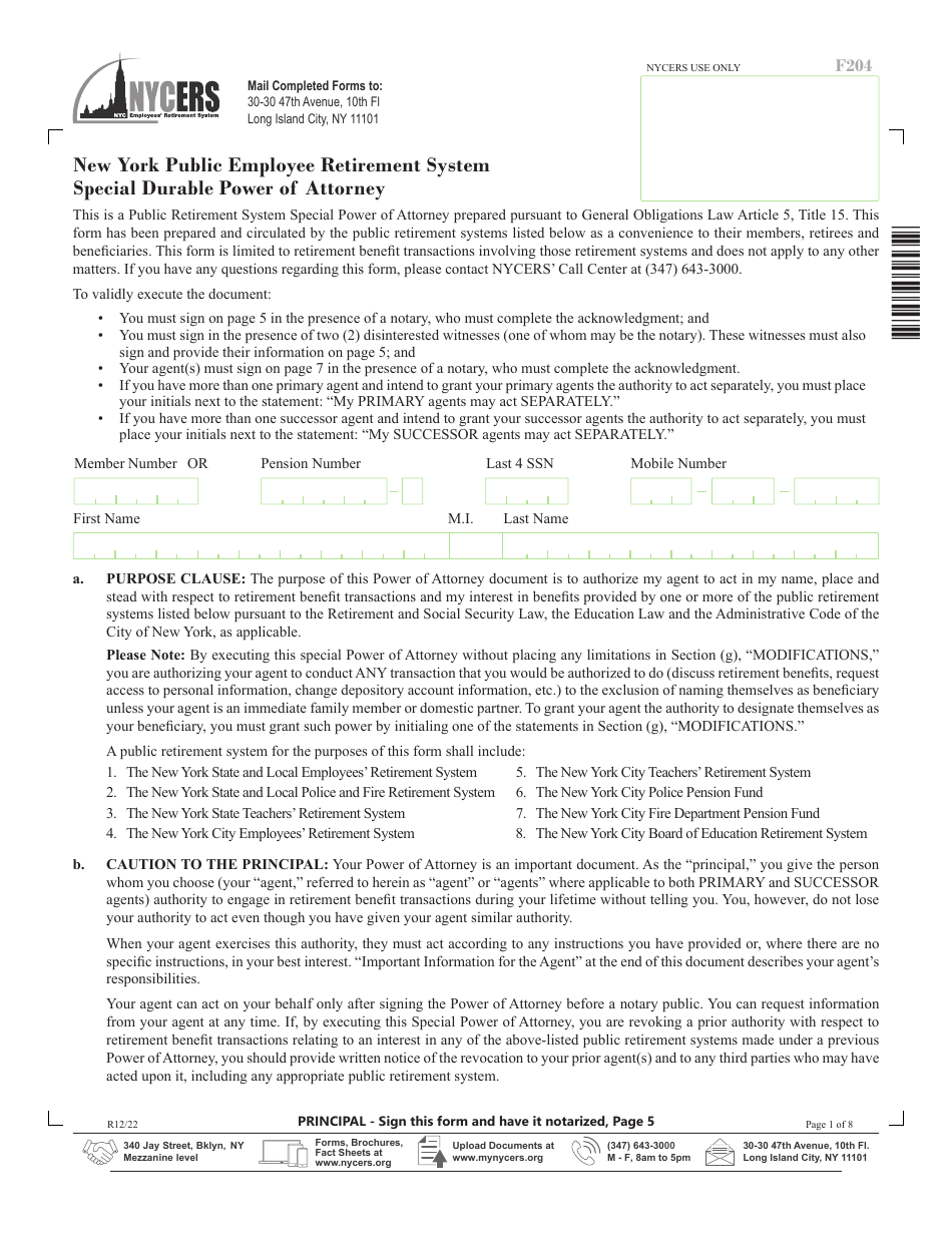 Form F204 Special Durable Power of Attorney - New York City, Page 1