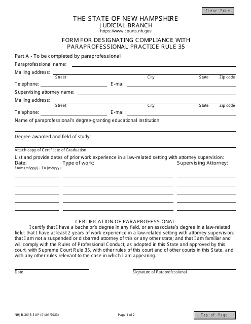 Form NHJB-2613-SUP Form for Designating Compliance With Paraprofessional Practice Rule 35 - New Hampshire