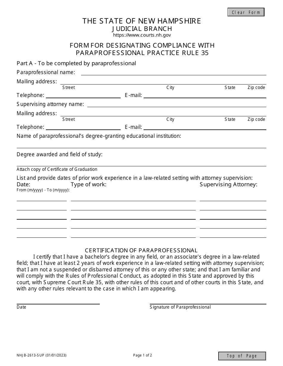 Form NHJB-2613-SUP Form for Designating Compliance With Paraprofessional Practice Rule 35 - New Hampshire, Page 1