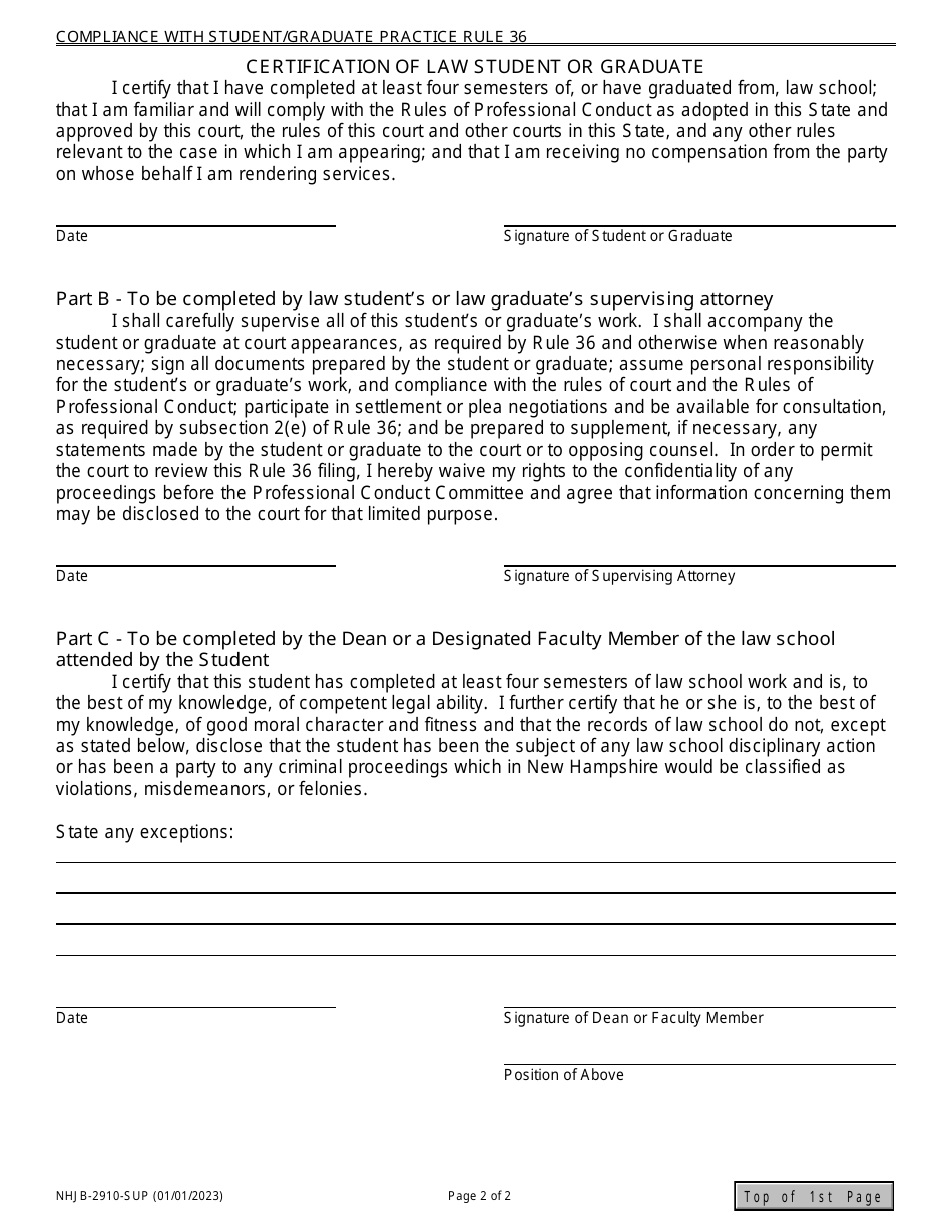 Form NHJB-2910-SUP Form for Designating Compliance With Student / Graduate Practice Rule 36 - New Hampshire, Page 2