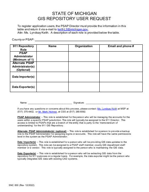 Form SNC830 Gis Repository User Request - Michigan