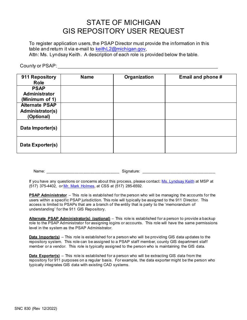 Form SNC830 Gis Repository User Request - Michigan, Page 1