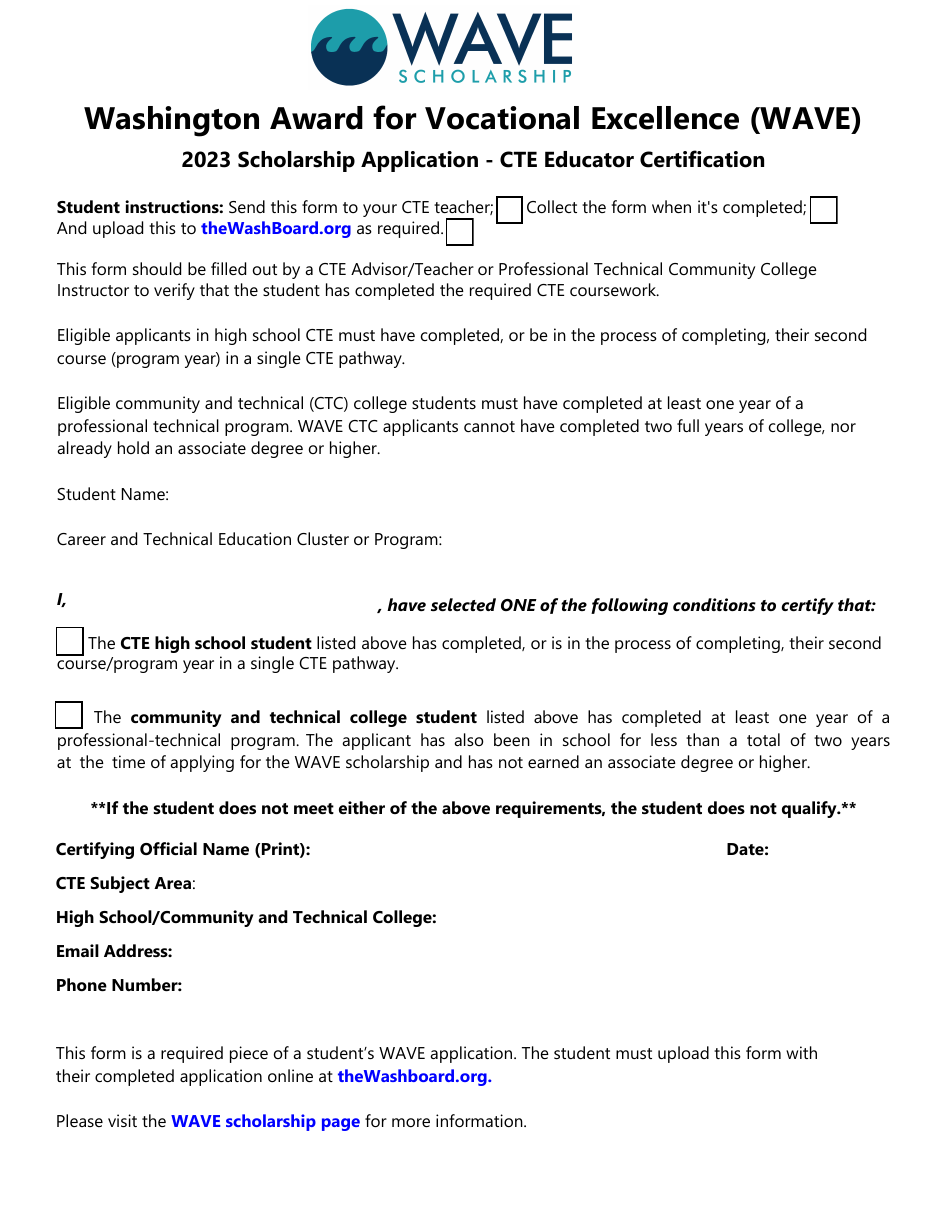 Washington Award for Vocational Excellence (Wave) Scholarship Application - Cte Educator Certification - Washington, Page 1