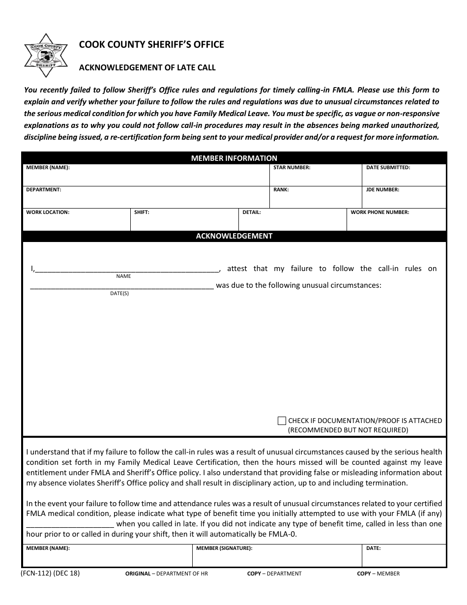 Form FCN-112 Acknowledgement of Late Call - Cook County, Illinois, Page 1