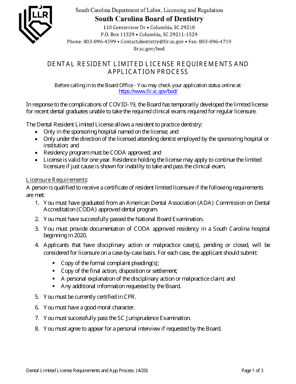 Application for Dental Resident Limited License - South Carolina, Page 1