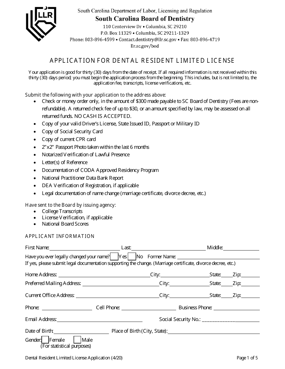 Application for Dental Resident Limited License - South Carolina, Page 4