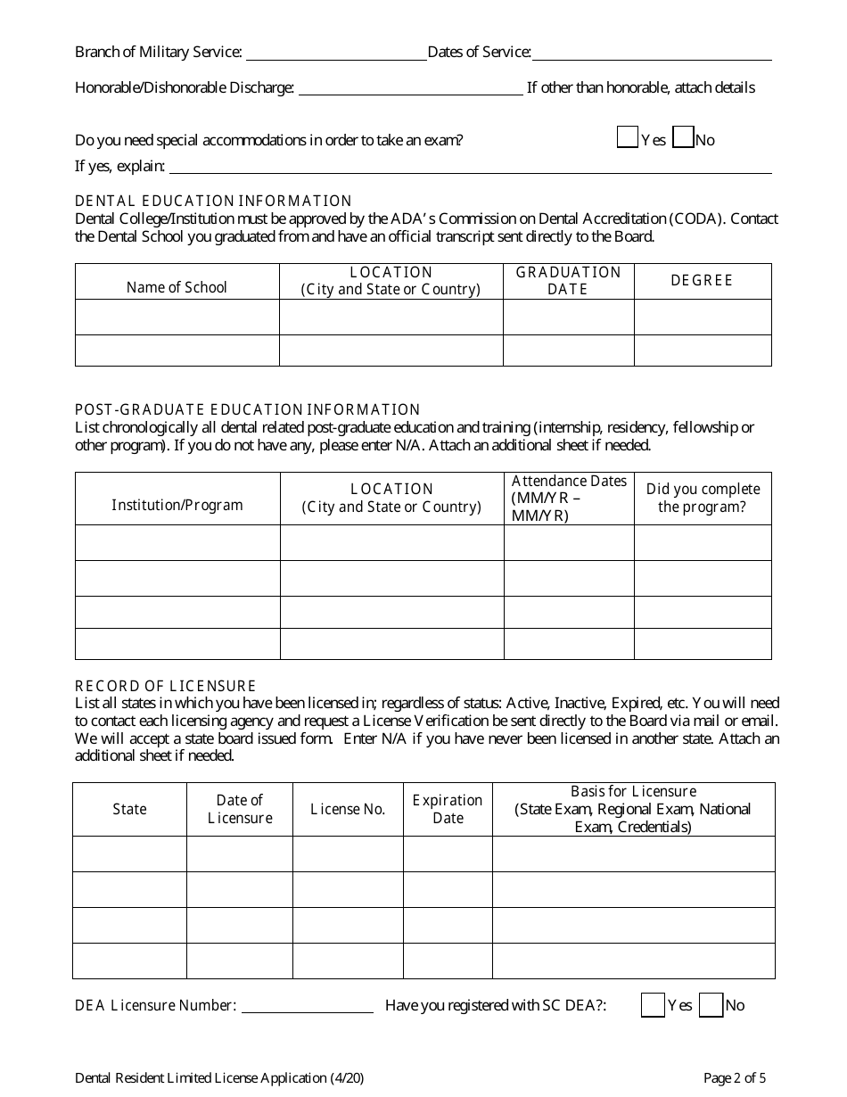 Application for Dental Resident Limited License - South Carolina, Page 5