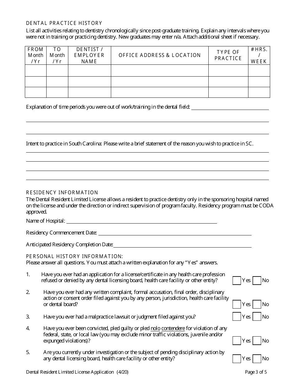 Application for Dental Resident Limited License - South Carolina, Page 6