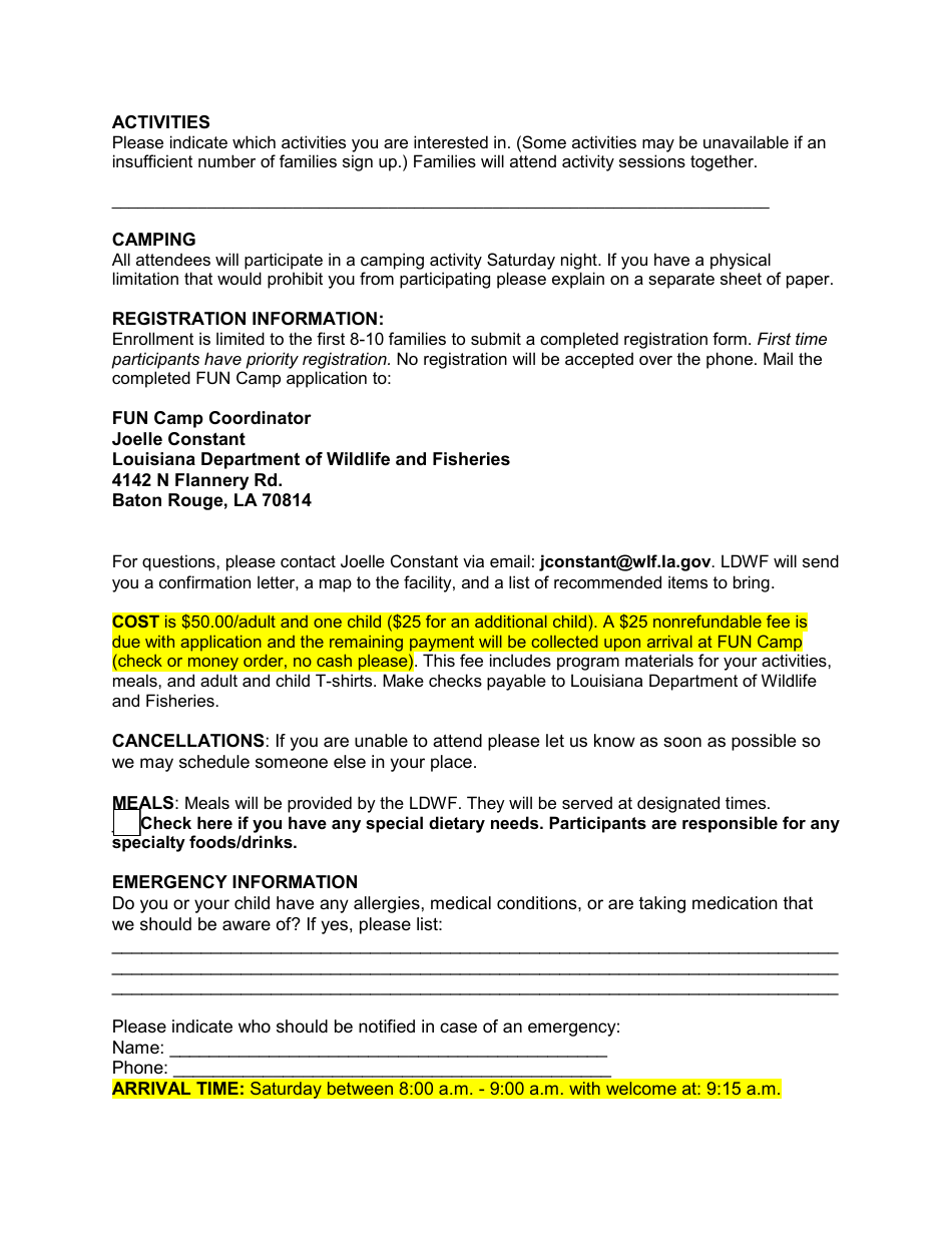Father / Child Fun Camp Registration Form - Louisiana, Page 2
