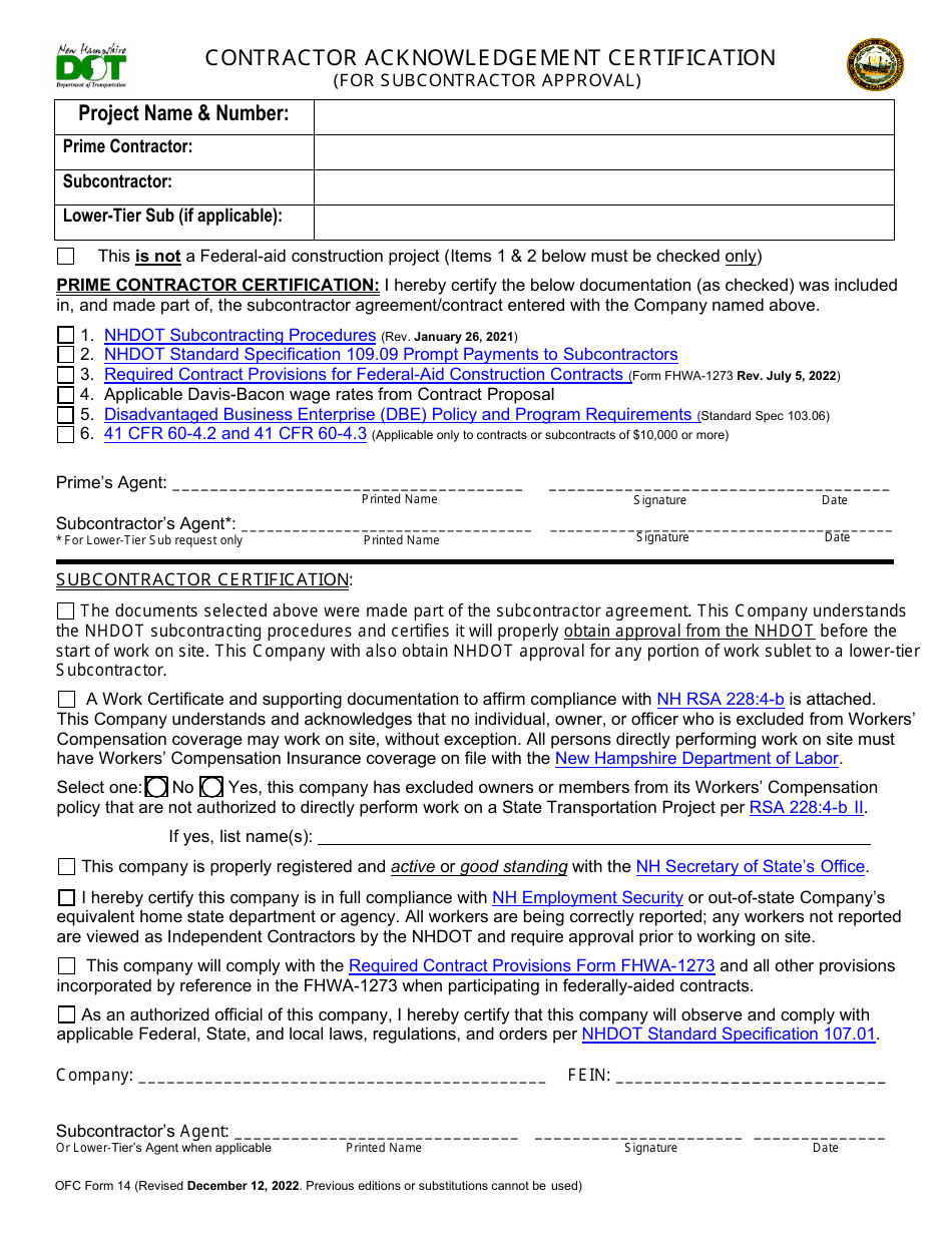 OFC Form 14 Contractor Acknowledgement Certification (For Subcontractor Approval) - New Hampshire, Page 1
