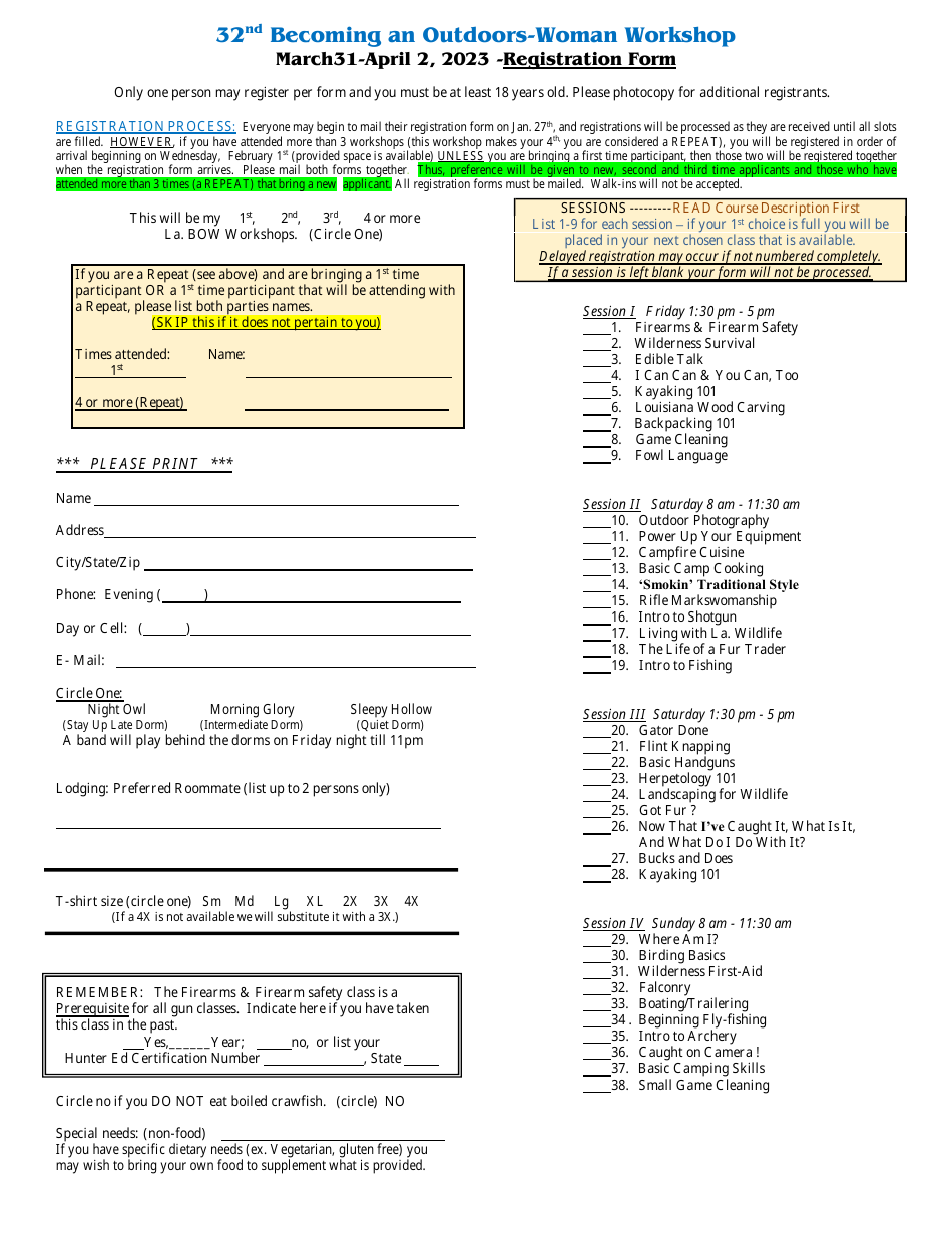 32nd Becoming an Outdoors-Woman Workshop Registration Form - Louisiana, Page 1