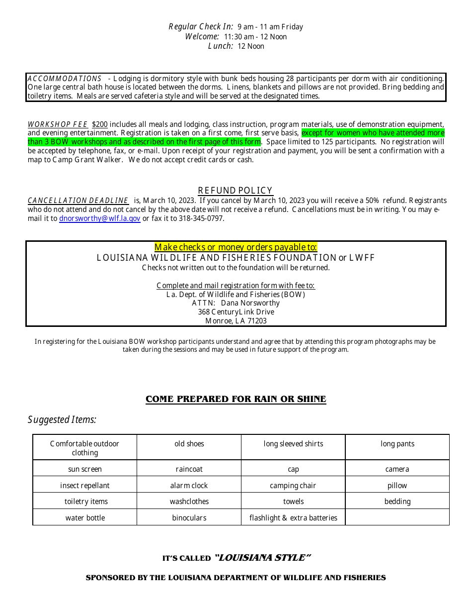 32nd Becoming an Outdoors-Woman Workshop Registration Form - Louisiana, Page 2