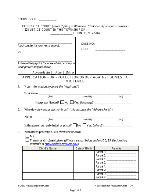 Application for Protection Order Against Domestic Violence - Nevada Download Pdf