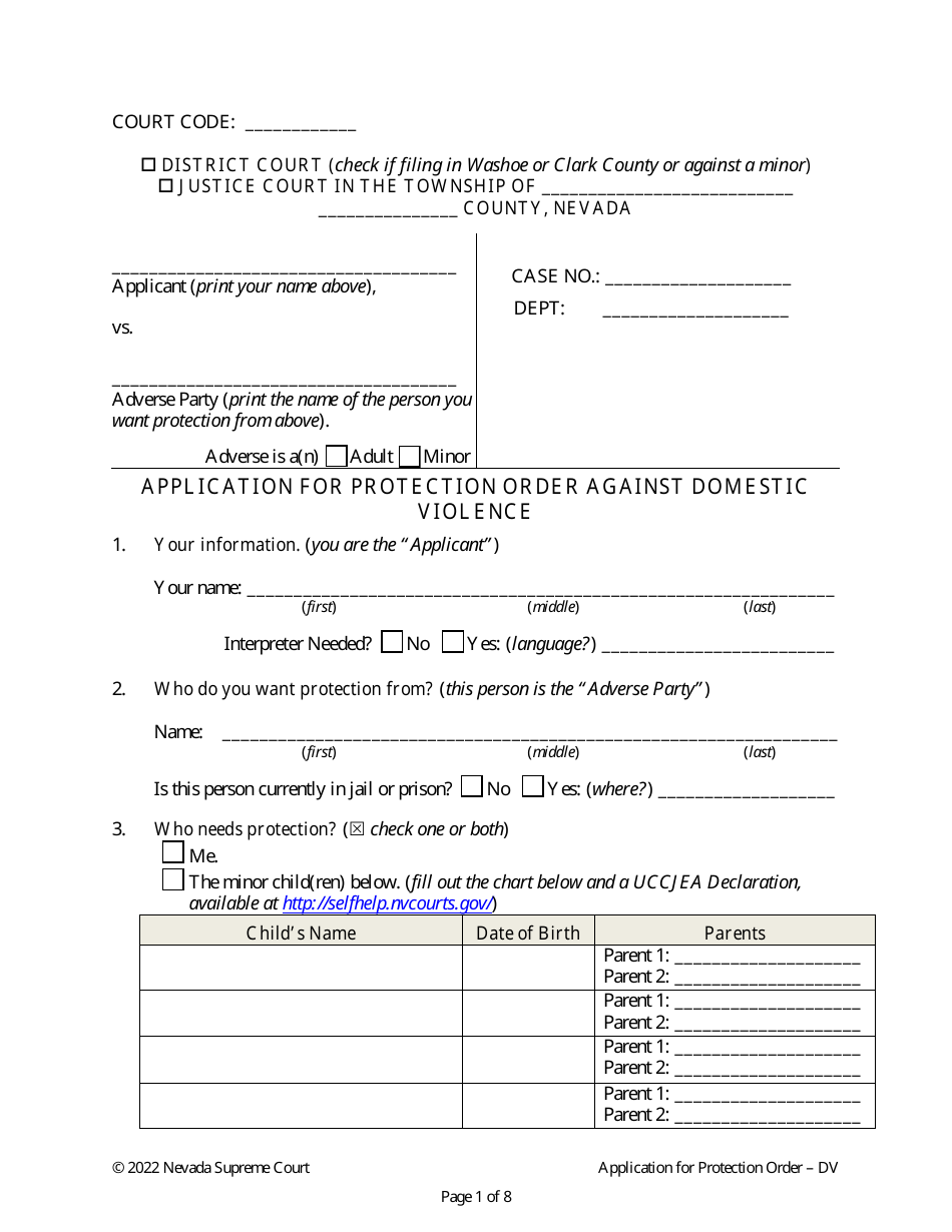 Application for Protection Order Against Domestic Violence - Nevada, Page 1