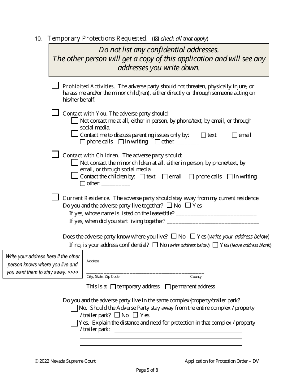 Nevada Application for Protection Order Against Domestic Violence ...