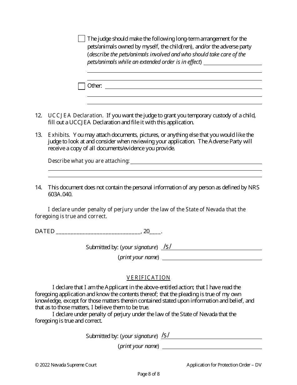 Application for Protection Order Against Domestic Violence - Nevada, Page 8