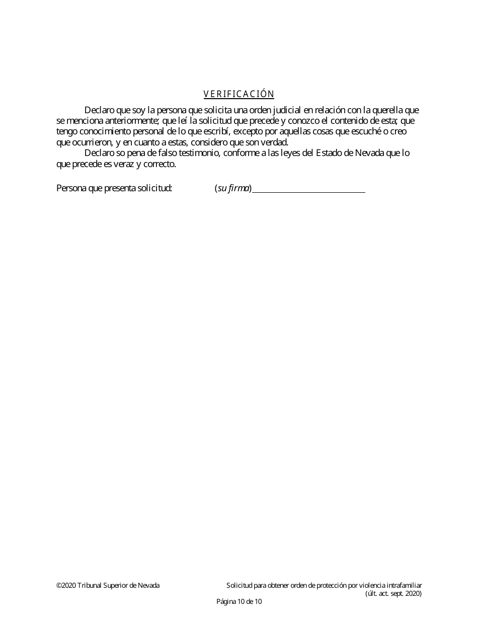 Solicitud Para Obtener Orden De Proteccion Por Violencia Intrafamiliar - Nevada (Spanish), Page 10