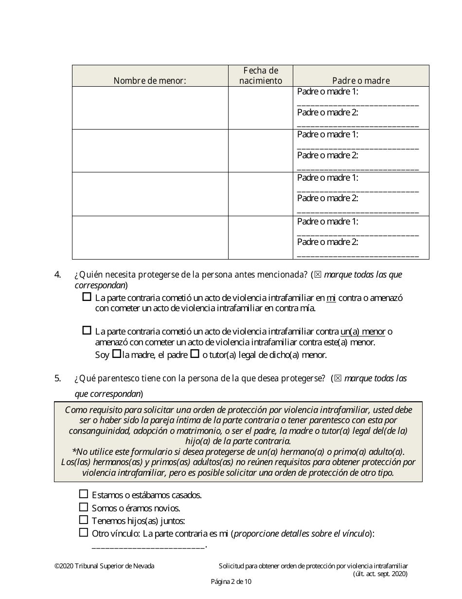 Solicitud Para Obtener Orden De Proteccion Por Violencia Intrafamiliar - Nevada (Spanish), Page 2