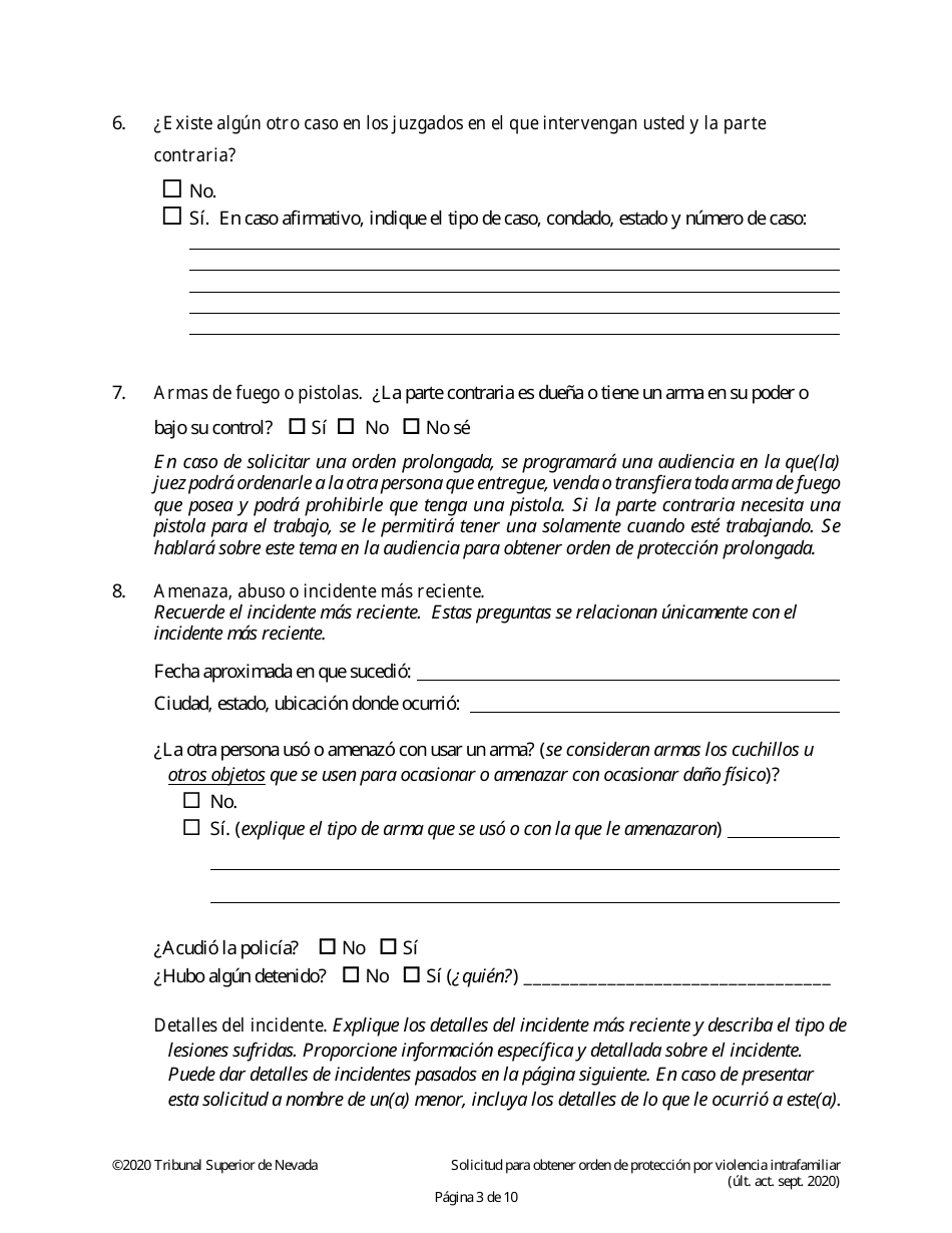 Solicitud Para Obtener Orden De Proteccion Por Violencia Intrafamiliar - Nevada (Spanish), Page 3