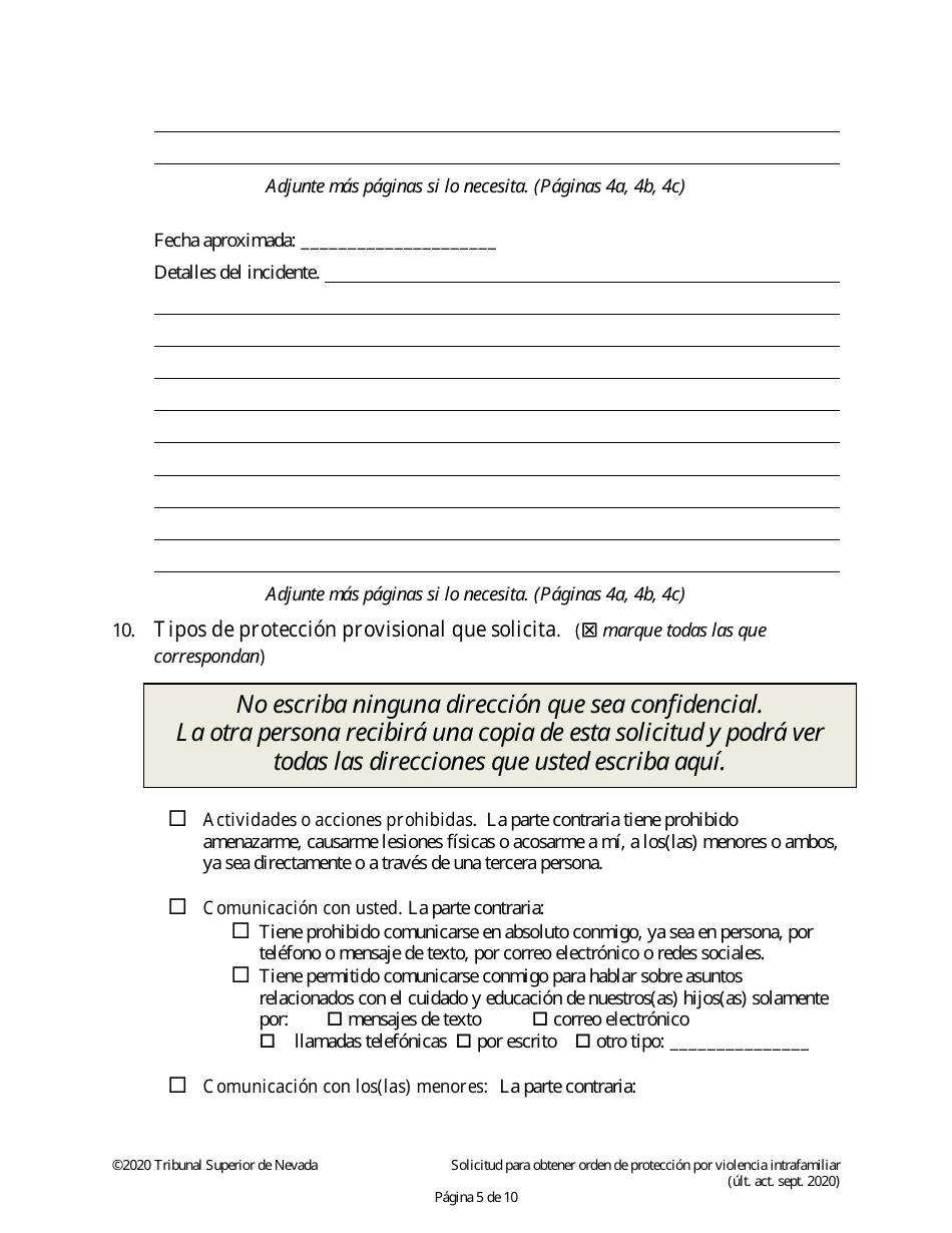 Solicitud Para Obtener Orden De Proteccion Por Violencia Intrafamiliar - Nevada (Spanish), Page 5