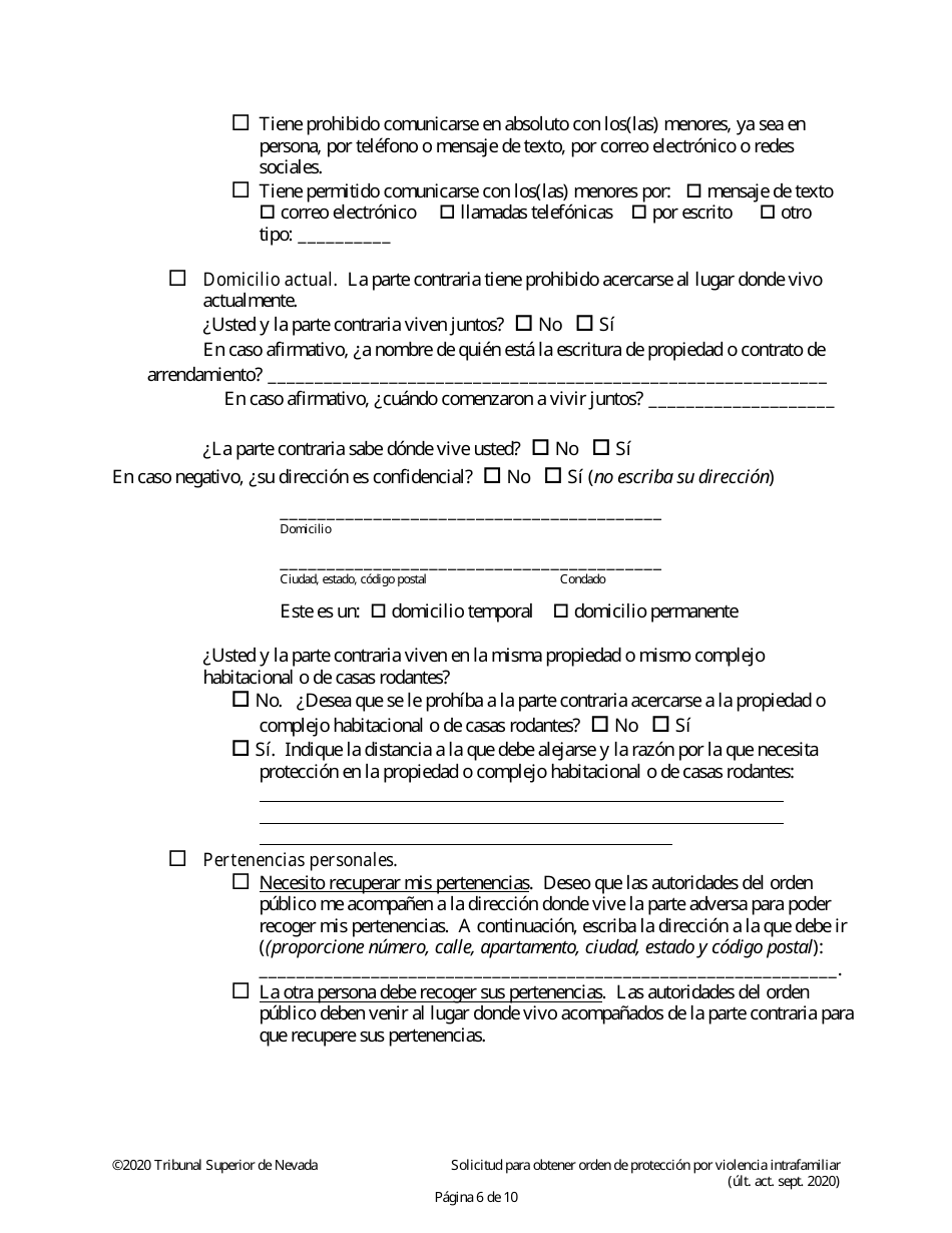 Solicitud Para Obtener Orden De Proteccion Por Violencia Intrafamiliar - Nevada (Spanish), Page 6