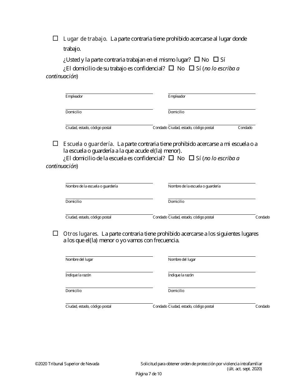 Solicitud Para Obtener Orden De Proteccion Por Violencia Intrafamiliar - Nevada (Spanish), Page 7