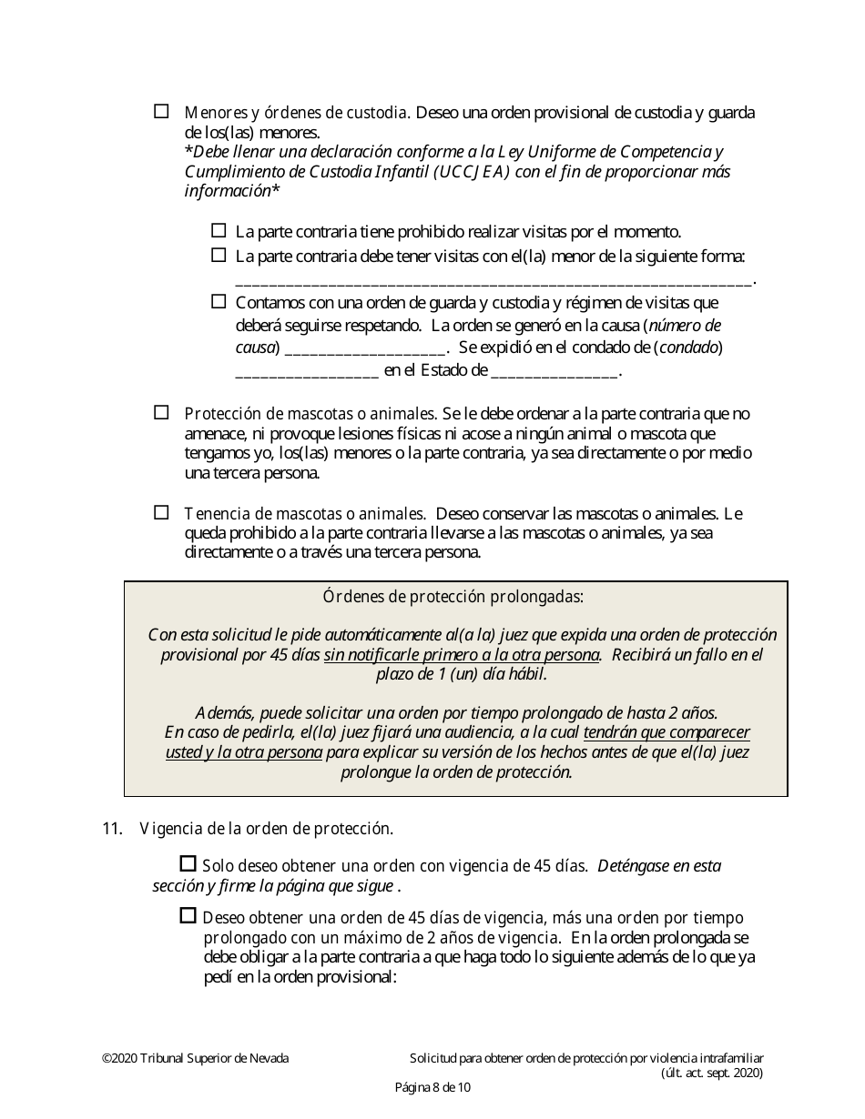 Solicitud Para Obtener Orden De Proteccion Por Violencia Intrafamiliar - Nevada (Spanish), Page 8