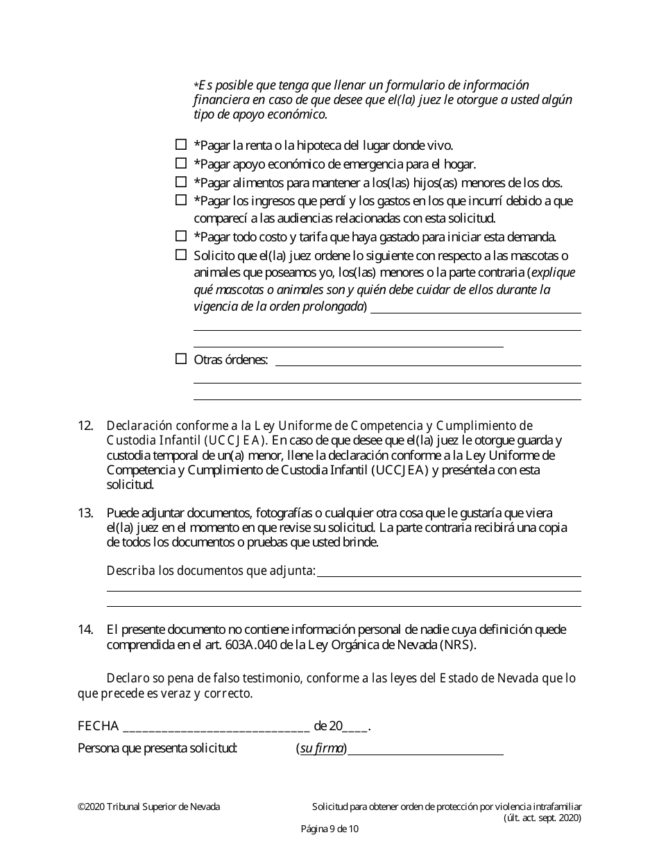 Solicitud Para Obtener Orden De Proteccion Por Violencia Intrafamiliar - Nevada (Spanish), Page 9