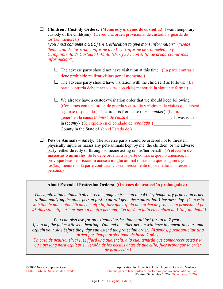 Application for Protection Order Against Domestic Violence - Nevada (English / Spanish), Page 11