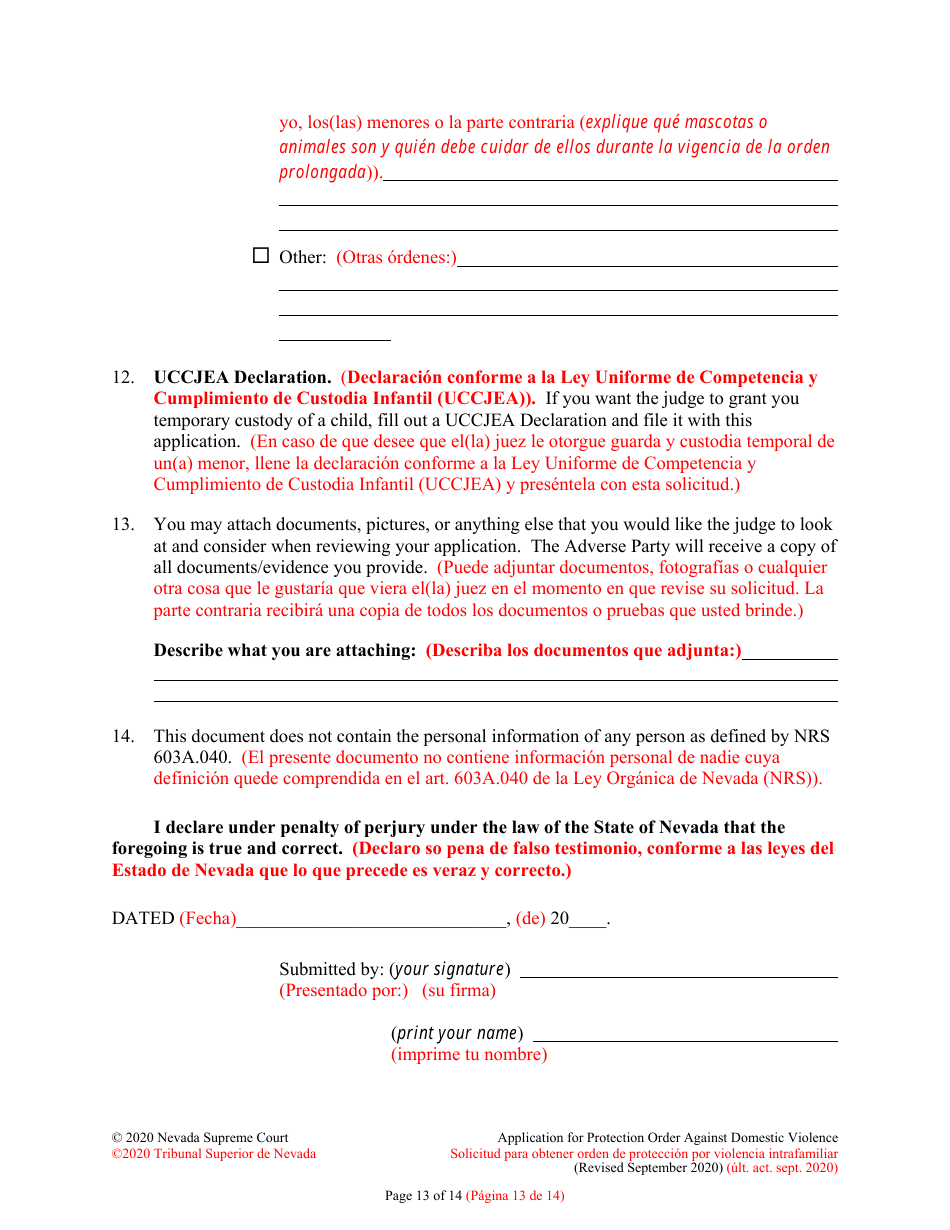 Application for Protection Order Against Domestic Violence - Nevada (English / Spanish), Page 13