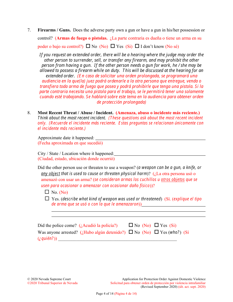Application for Protection Order Against Domestic Violence - Nevada (English / Spanish), Page 4
