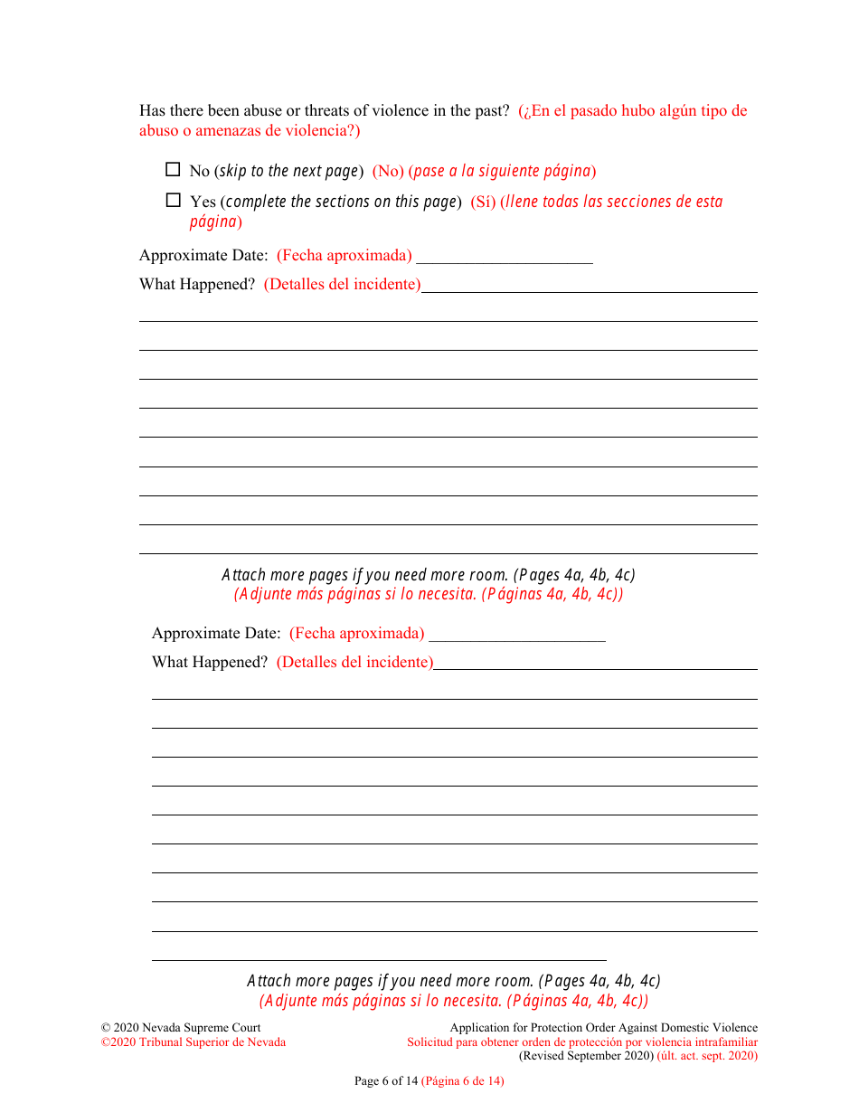 Application for Protection Order Against Domestic Violence - Nevada (English / Spanish), Page 6