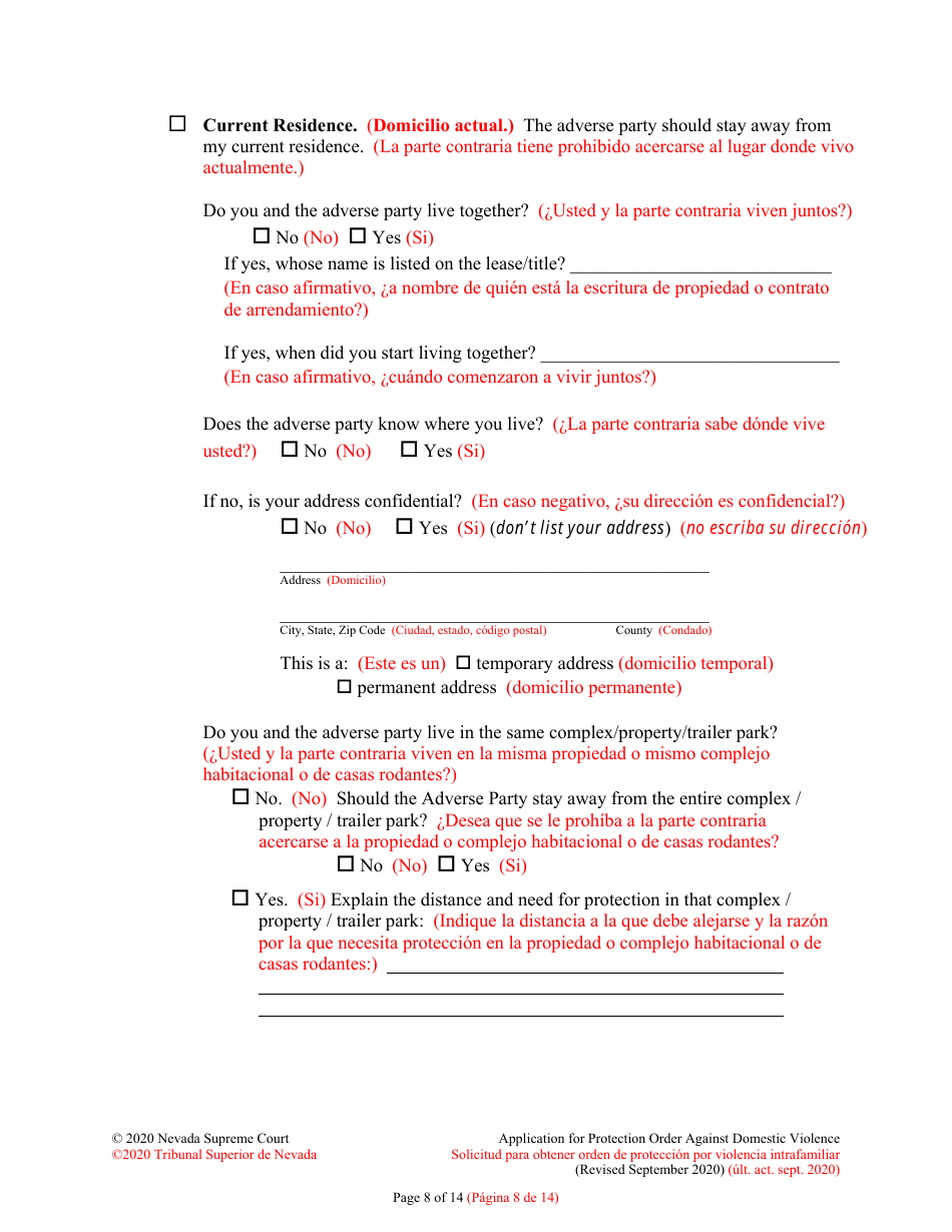 Application for Protection Order Against Domestic Violence - Nevada (English / Spanish), Page 8
