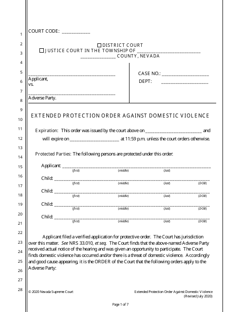 Extended Protection Order Against Domestic Violence - Nevada Download Pdf